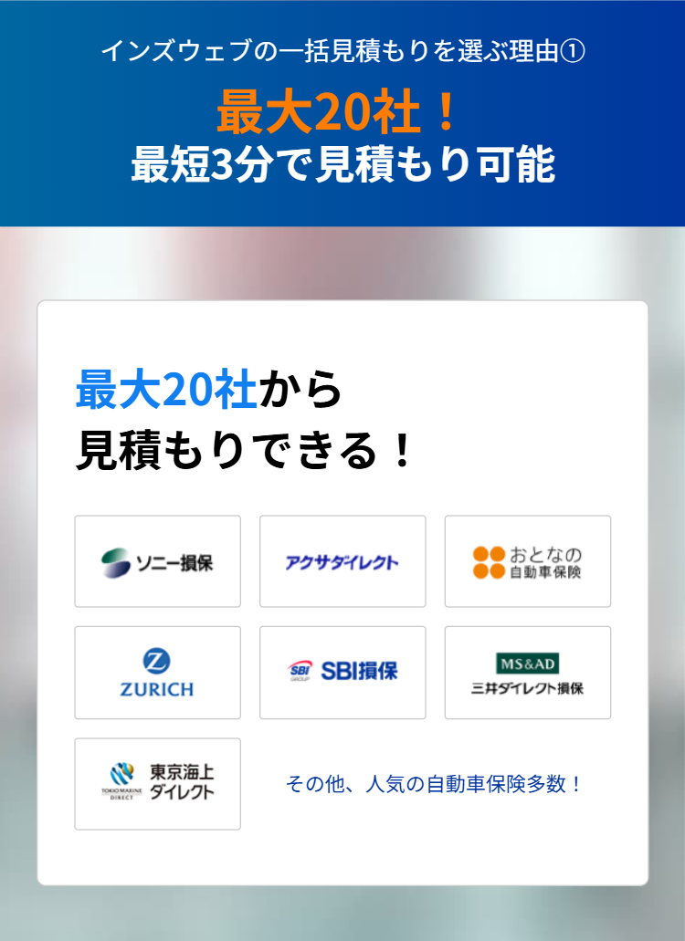 インズウェブの一括見積もりを選ぶ理由①
最大20社 !
最短3分で見積もり可能
最大20社から
見積もりできる!
●● おとなの
■ソニー損保
アクサダイレクト
• 自動車保険
SET SBI損保
MS&AD
ZURICH
三井ダイレクト損保
東京海上
TOKO MARINE
DIRECT
ダイレクト
その他、人気の自動車保険多数!