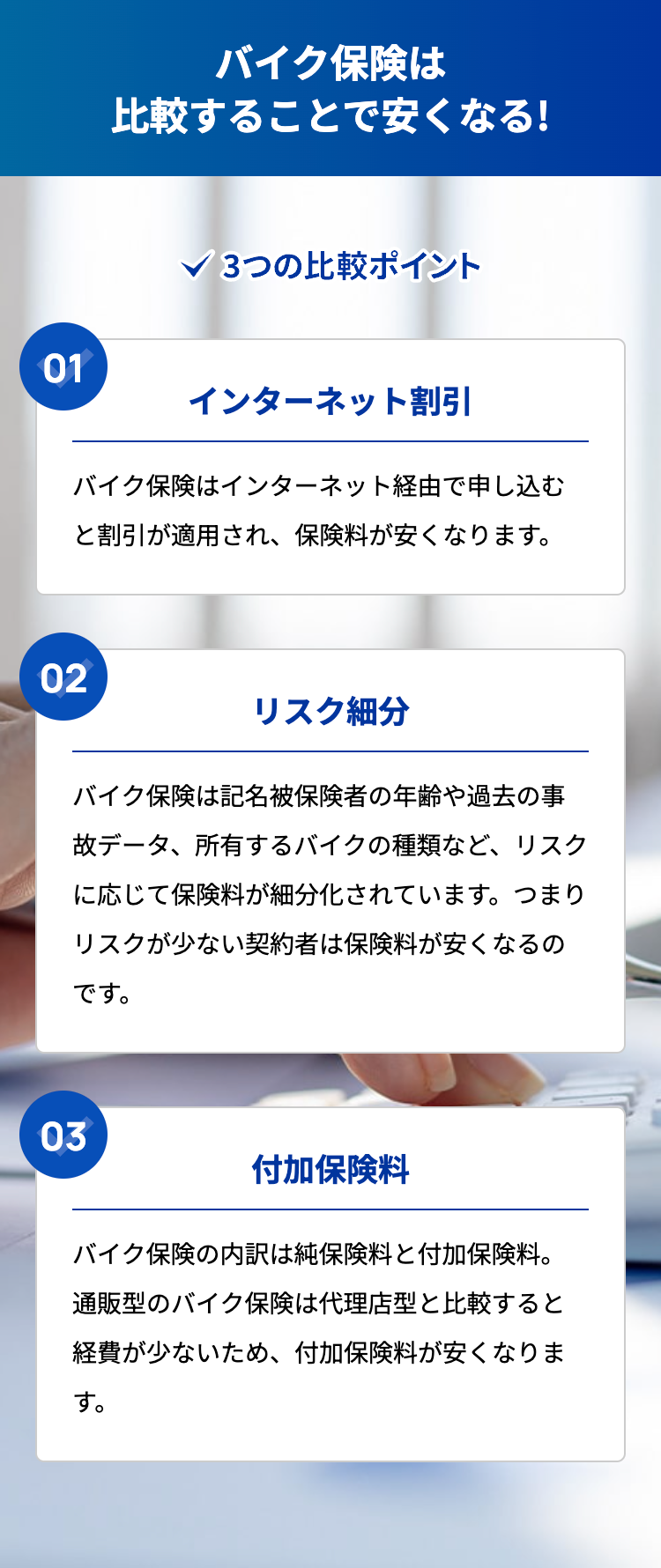 バイク保険は比較することで安くなる!
3つの比較ポイント
インターネット割引

バイク保険はインターネット経由で申し込むと割引が適用され、保険料が安くなります。

リスク細分

バイク保険は記名被保険者の年齢や過去の事故データ、所有するバイクの種類など、リスクに応じて保険料が細分化されています。つまりリスクが少ない契約者は保険料が安くなるのです。

付加保険料

バイク保険の内訳は純保険料と付加保険料。通販型のバイク保険は代理店型と比較すると経費が少ないため、付加保険料が安くなります。