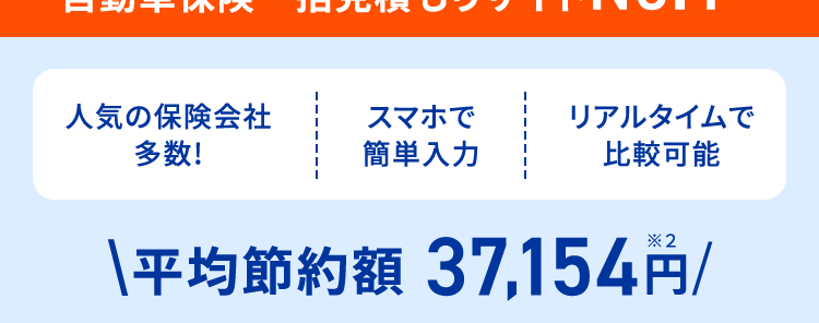 最短3分で最大20社見積もり完了!
保険の窓口
インズウェブ!
保険料は安くなる?
無料見積もりで今すぐ確認
比較で
安くなる!
A社 ?????円
B社 ?????円
C社 ?????円
自動車保険一括見積もりサイトNo.1※1
人気の保険会社
多数!
スマホで
リアルタイムで
簡単入力
比較可能
平均節約額 37,154円/